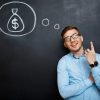 Portrait of minded man pointing on his mind about money